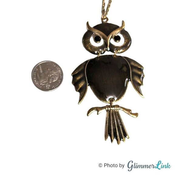Articulated Enameled Owl Long Antiqued Gold Tone Chain Necklace - Picture 9 of 14